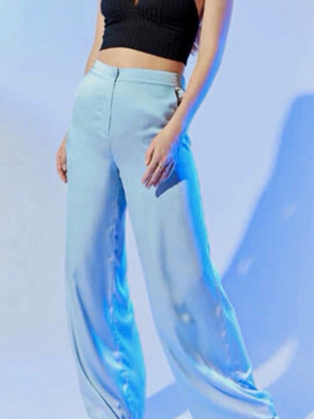 Francesca's Collections Light Blue Wide-Leg Satin Pants